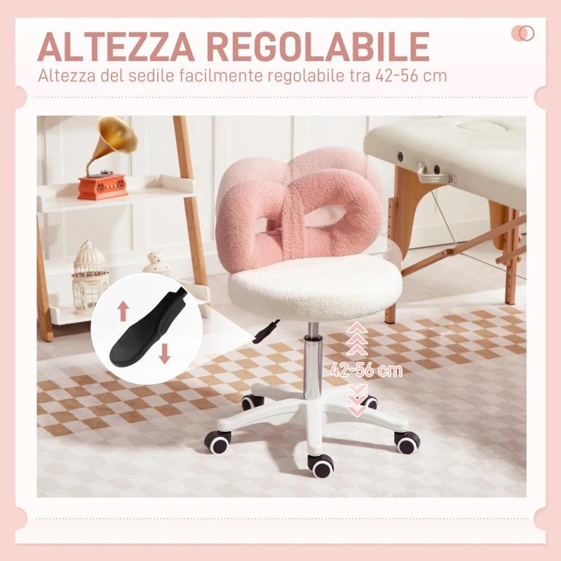 SGABELLO GIREVOLE AD ALTEZZA REGOLABILE CON SCHIENALE AD ARCO, IN TESSUTO TEDDY, 50X50X63-77 CM, BIANCO E ROSA