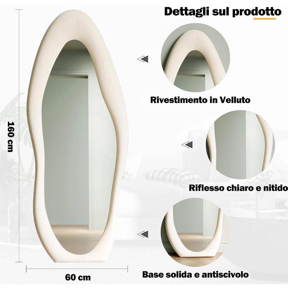 Specchio Grande Ondulato 60x160 cm da Parete con Cornice in Velluto Moderno Bianco