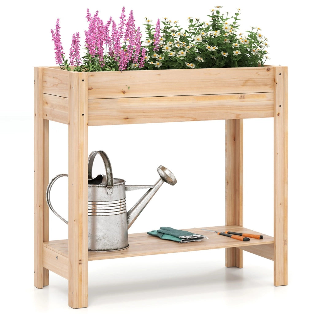 Letto da giardino rialzato in legno con gambe per fiori erbe, Fioriera elevata con mensola di stoccaggio Naturale-Fioriere
