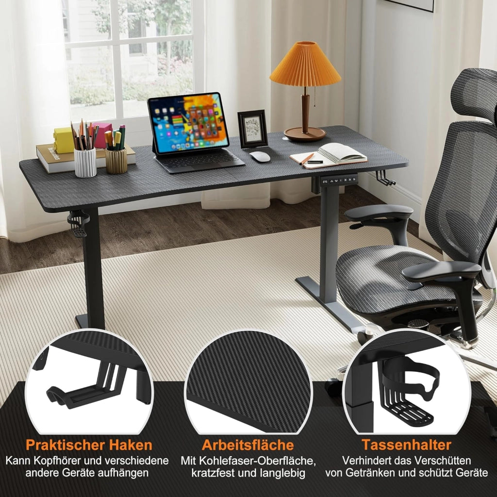 Scrivania elettrica regolabile in altezza, 140 x 60 cm, scrivania per computer, scrivania da ufficio con porta di ricarica di tipo C, gancio per cuffie e porta bevande, sedile elettrico, con