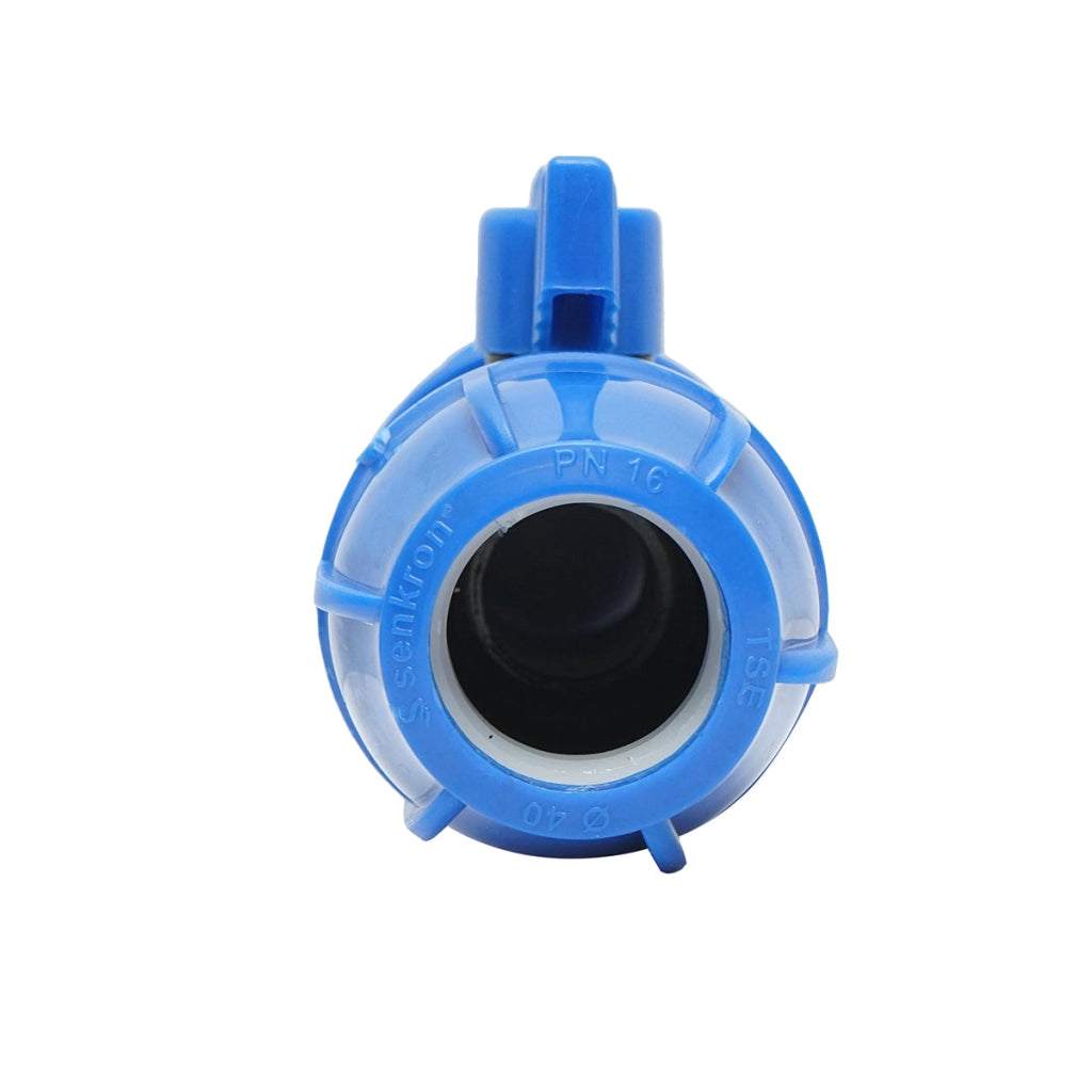 Rubinetto a sfera con giunto di compressione D40x40mm, PN16 per sistemi di irrigazione.