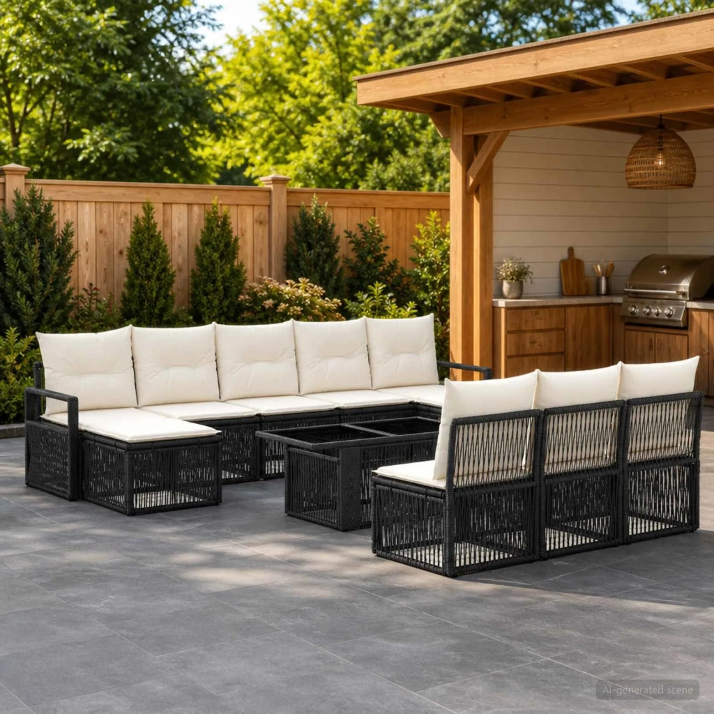 Set Divano da Giardino 11 pz Nero e Bianco Crema polyrattan 3437152