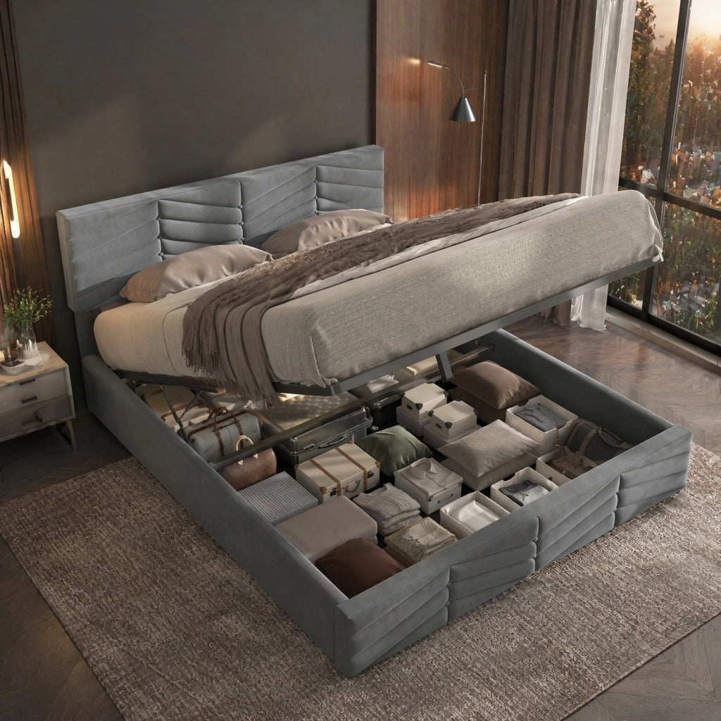 Letto matrimoniale imbottito con contenitore 140x190 cm; testiera regolabile; velluto grigio