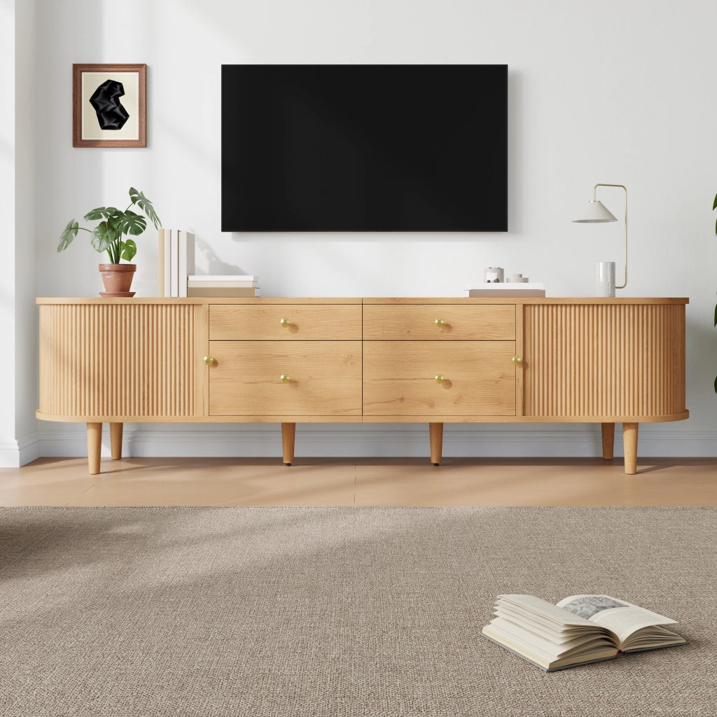 Mobile TV con 2 ante scorrevoli; 4 cassetti; 5 piedini in legno; per soggiorno; 180 × 35 × 50 cm; naturale