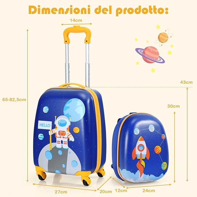 Set di Valigia per Bambini, 16" Valigia+ 12" Zaino, 2 Pezzi, con Ruote Girevoli a 360° e Maniglia Retrattile, Ideale per Viaggiare in Modo Comodo e Divertente (Modello 9)