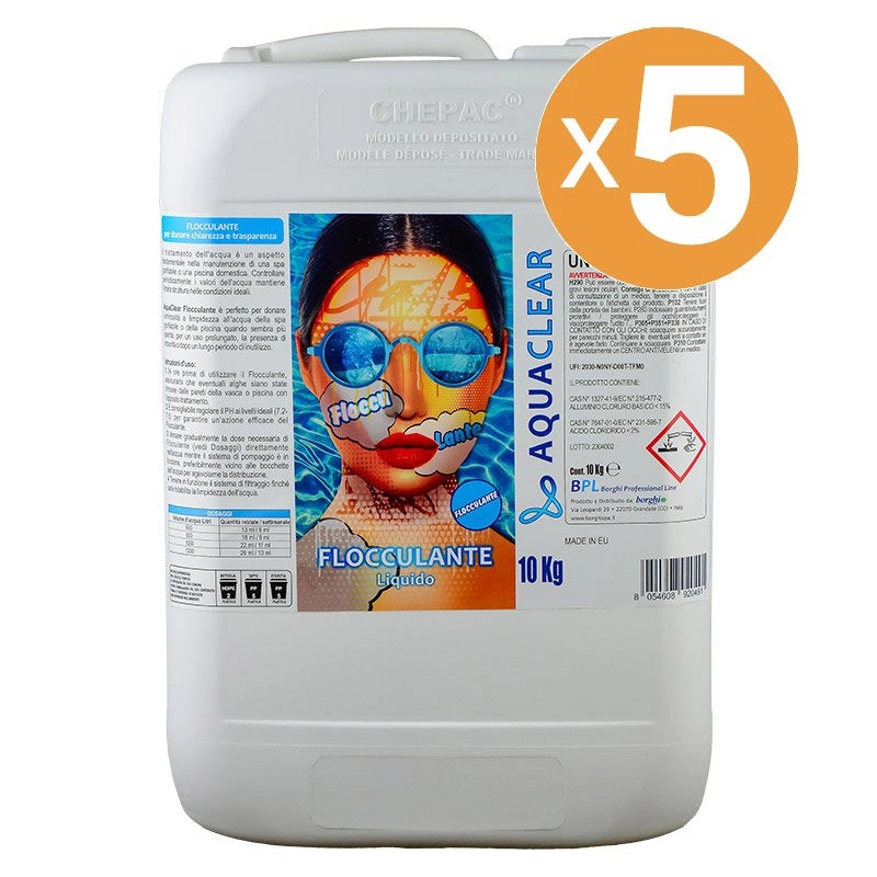 Flocculante Liquido Effetto Schiarente Per Piscina, 5 Confezioni Da 10 Kg