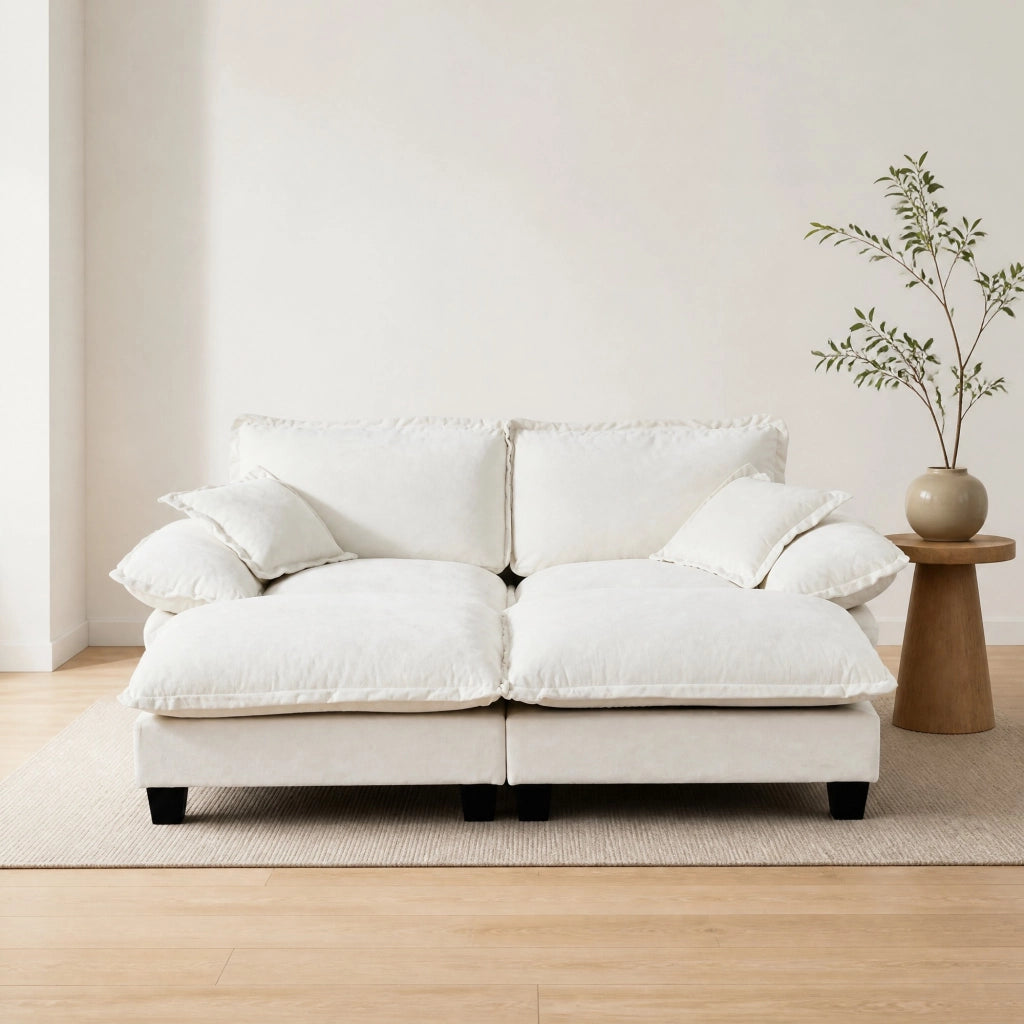 Divano modulare con 2 pouf mobili e 2 cuscini; braccioli rimovibili in ciniglia beige 194×151×90 cm