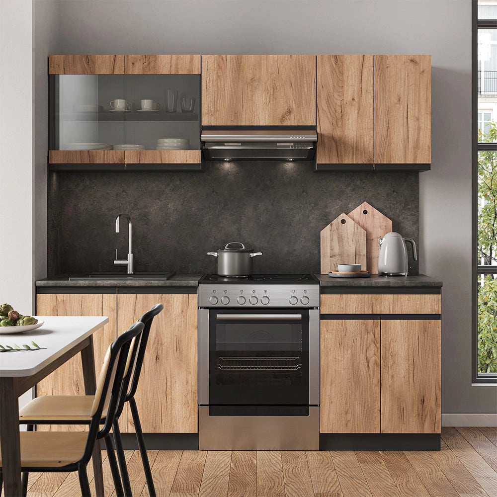 Cucina componibile R-Line Rovere dorato/Antracite 200 cm J-Shape, PL Rovere Vicco