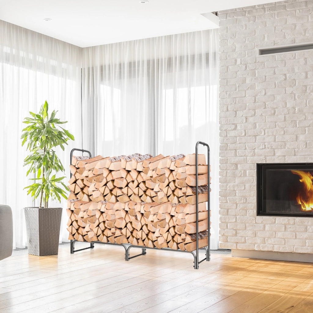 Porta legna con copertura impermeabile e struttura in ferro pesante per camino, Mensola portalegna Nero 192cm-Accessori caminetti e stufe a legna