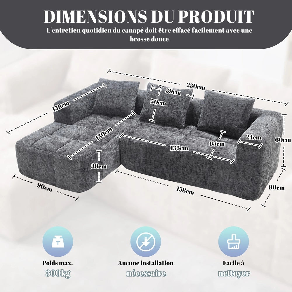 Divano angolare 3 posti con chaise longue braccioli e cuscini ¨C Minimal ¨C grigio tessuto chenille