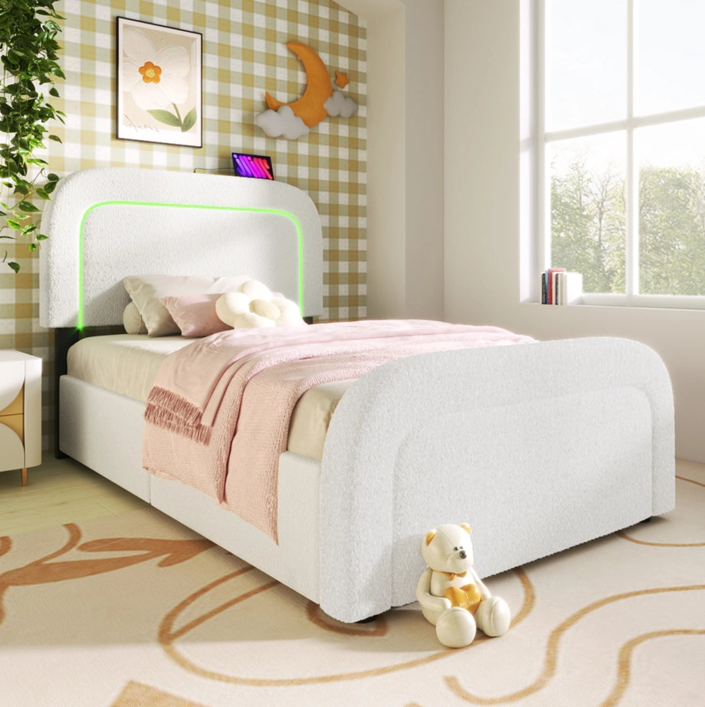 Letto singolo imbottito 90x200 cm in Sherpa bianco con USB Type-C; LED; 2 cassetti e materasso