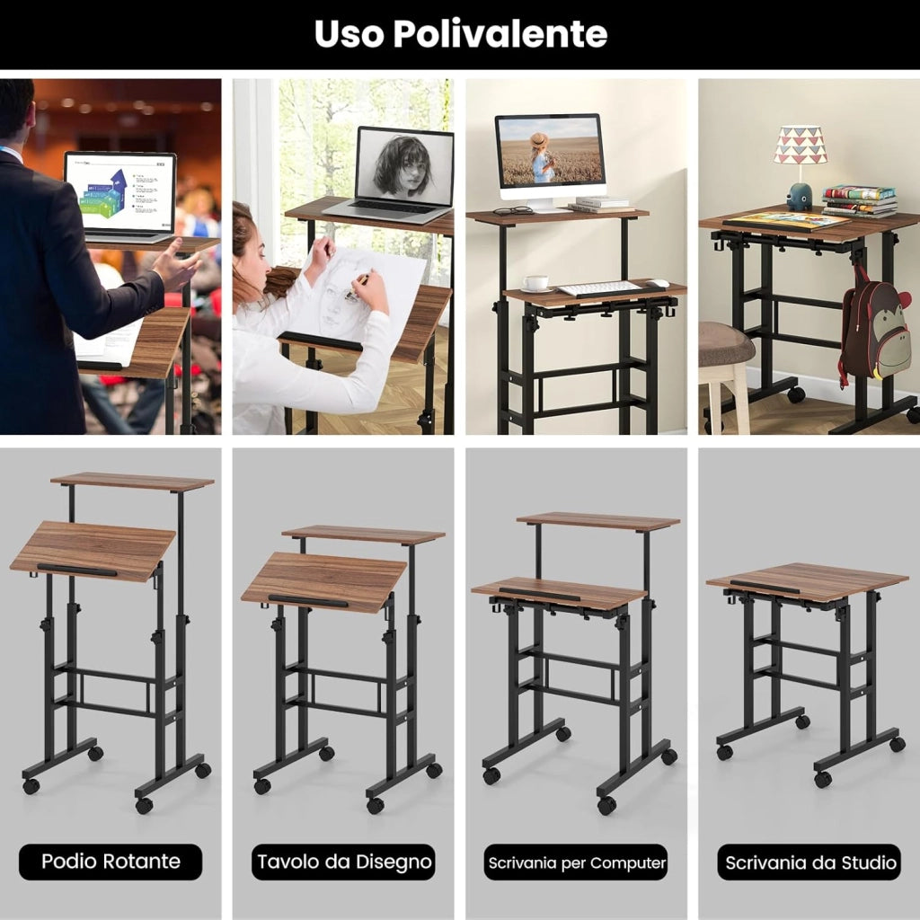 Scrivania per Computer Regolabile in Altezza, Postazione di Lavoro per Computer con Ruote e Ganci, Tavolo Porta PC per Studio e Ufficio, 60 x 60 x 72-124 cm (Marrone)