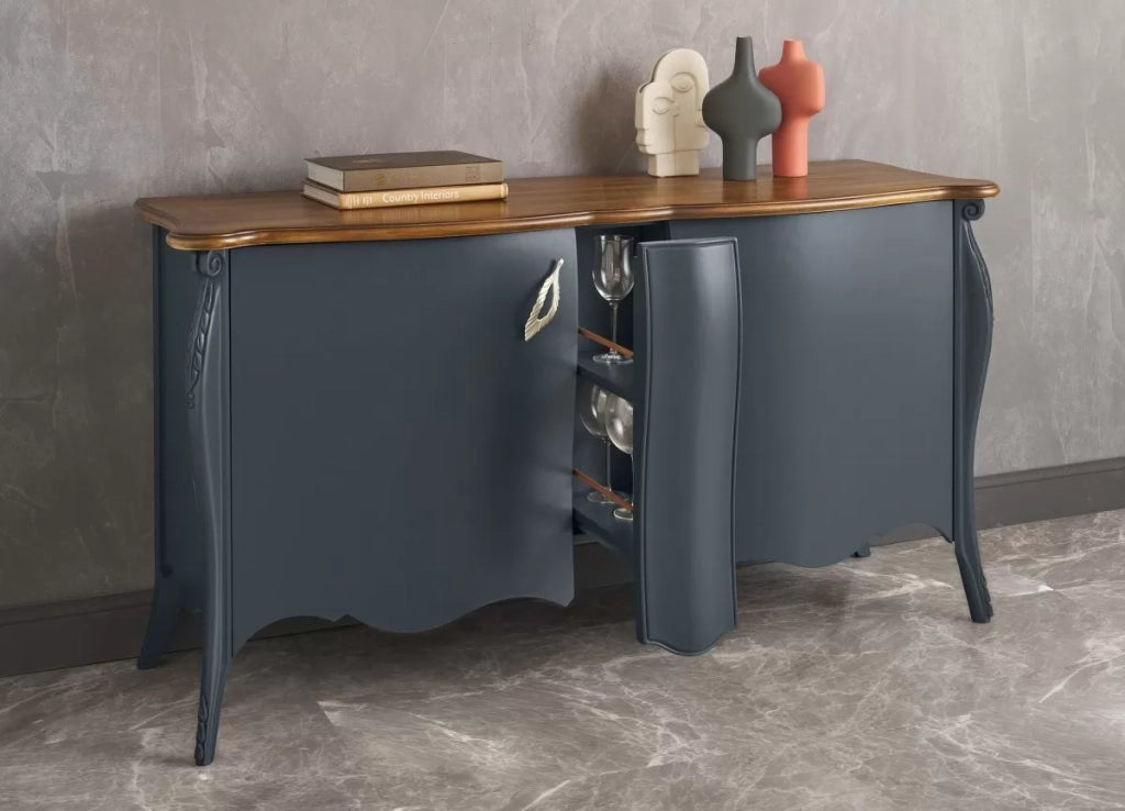 Madia credenza 2 porte 1 carrello estraibile legno shabby grigio e noce 165x52x88 - Mobili 2G
