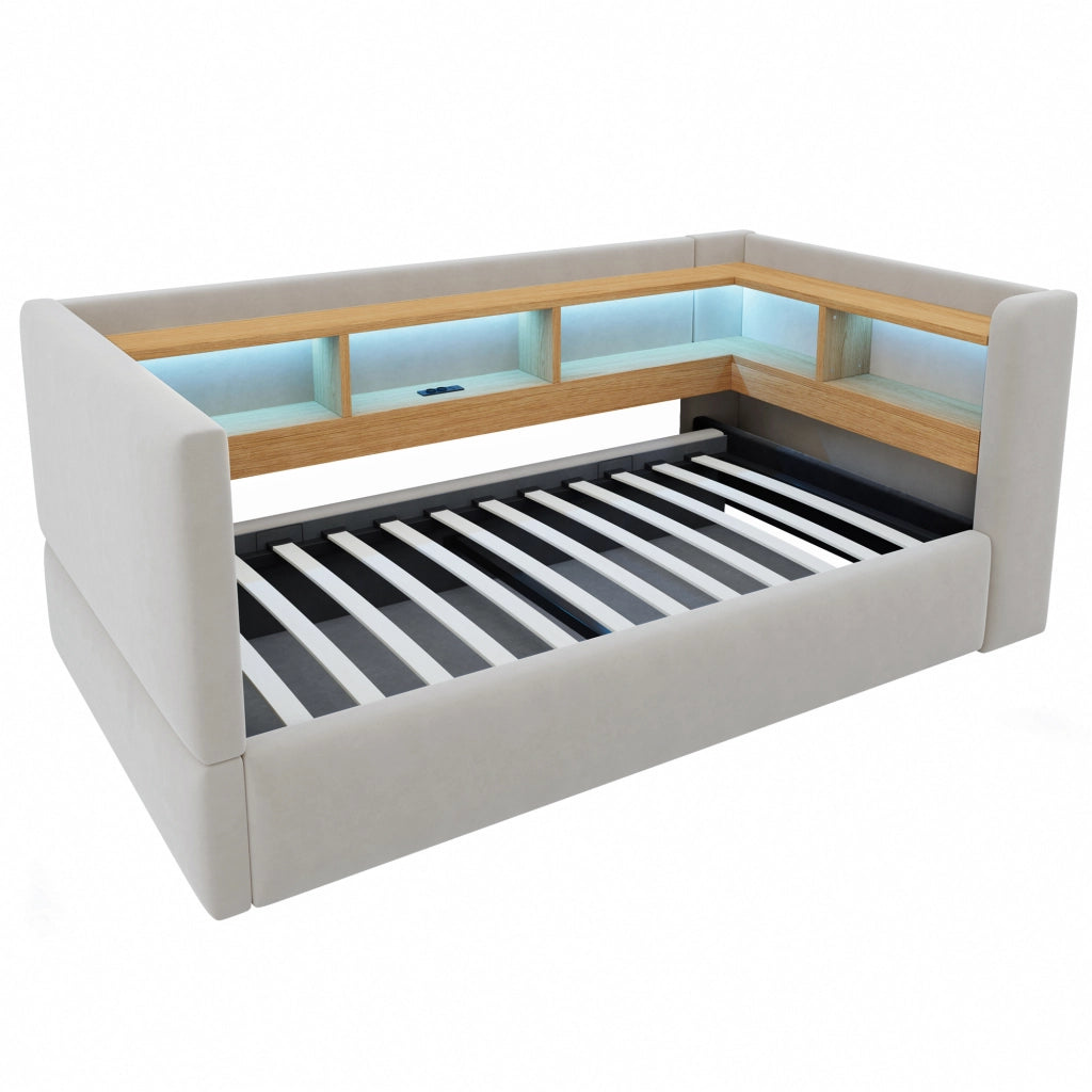 Divano letto imbottito con vano contenitore idraulico, luci LED e prese integrate, 90 x 190 cm, grigio chiaro
