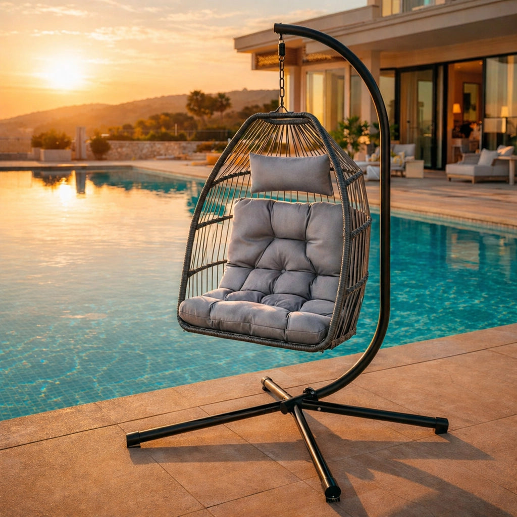 Poltrona Da Giardino Sospesa In Metallo E Rattan Con Cuscino Incluso Sedia A Dondolo Ideale Per Balcone E Terrazzo Arredo Da Esterno Design Moderno 107 x 98 x 202 Cm Grigio