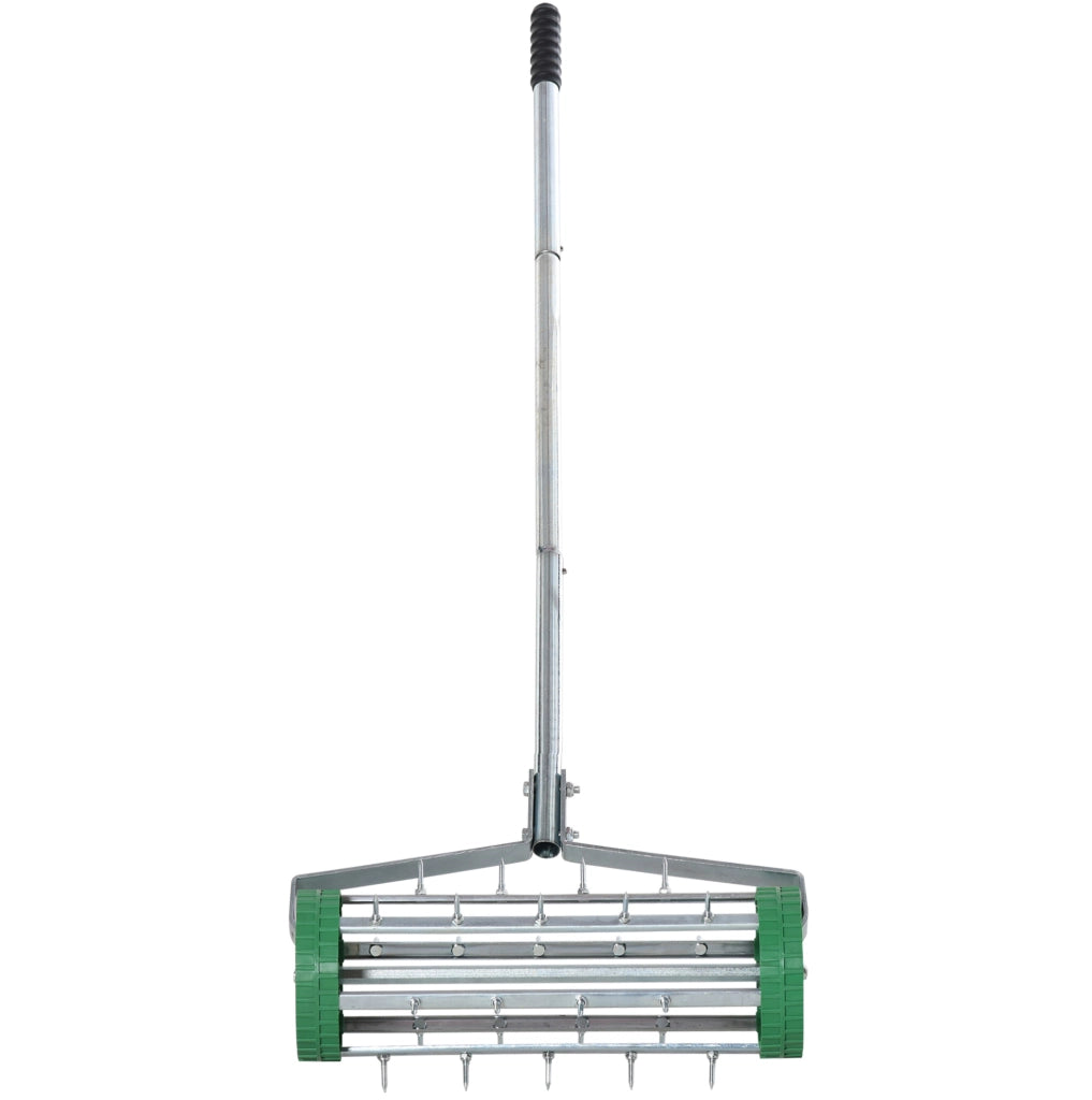Arieggiatore manuale per prato a rullo 139x43;5x15 cm con manico regolabile e punte da 3;5 cm; argento