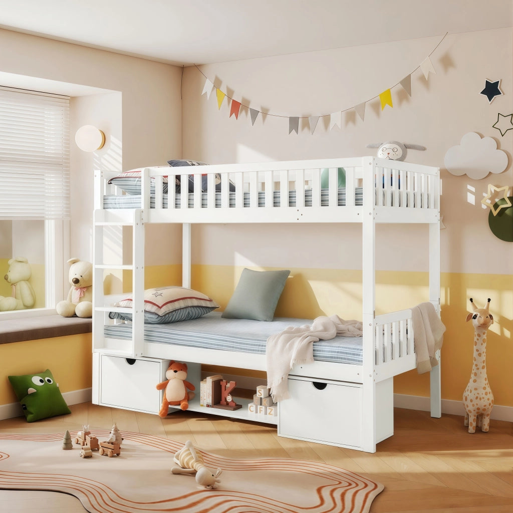 Letto bambini in legno di pino 90x200; scomponibile in 2 letti; sponde; cassetti; scala; bianco