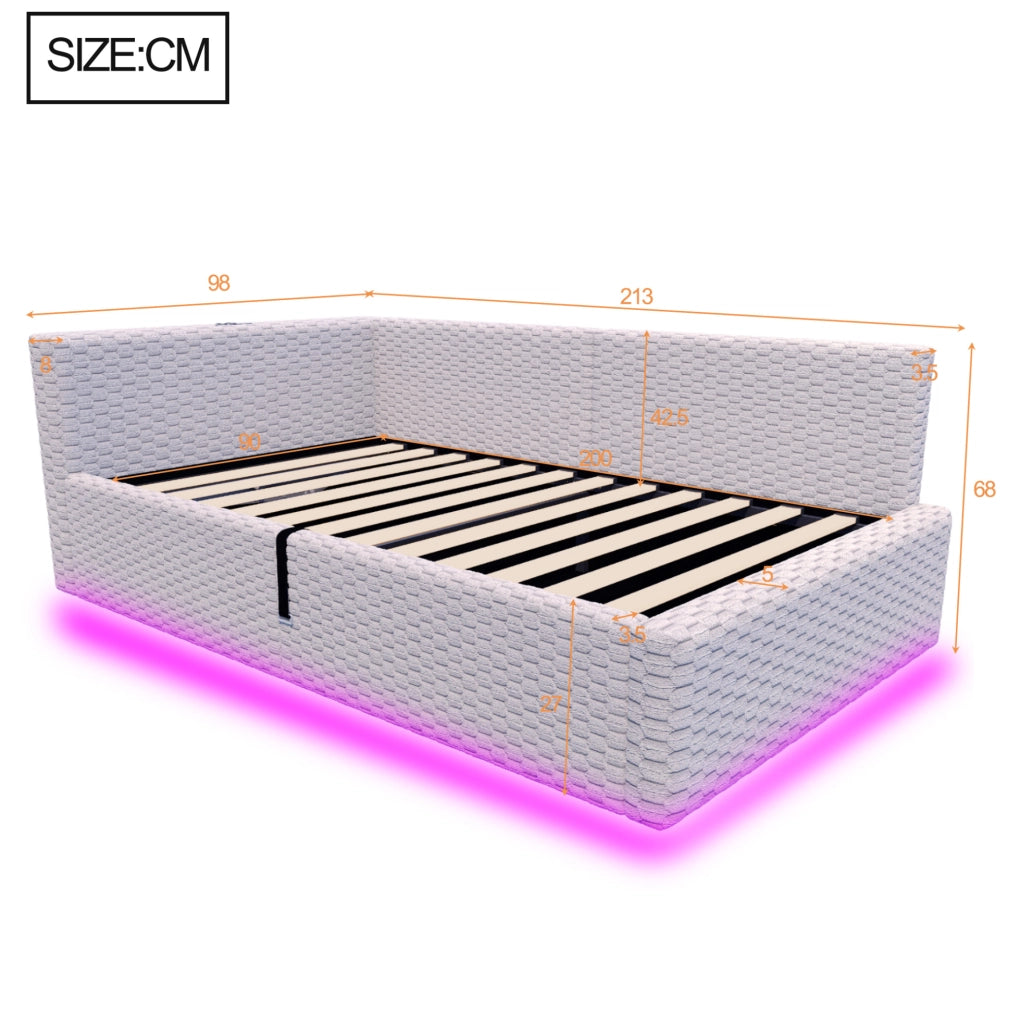 Letto imbottito 90x200 cm con vano contenitore, LED e porte USB/Type-C