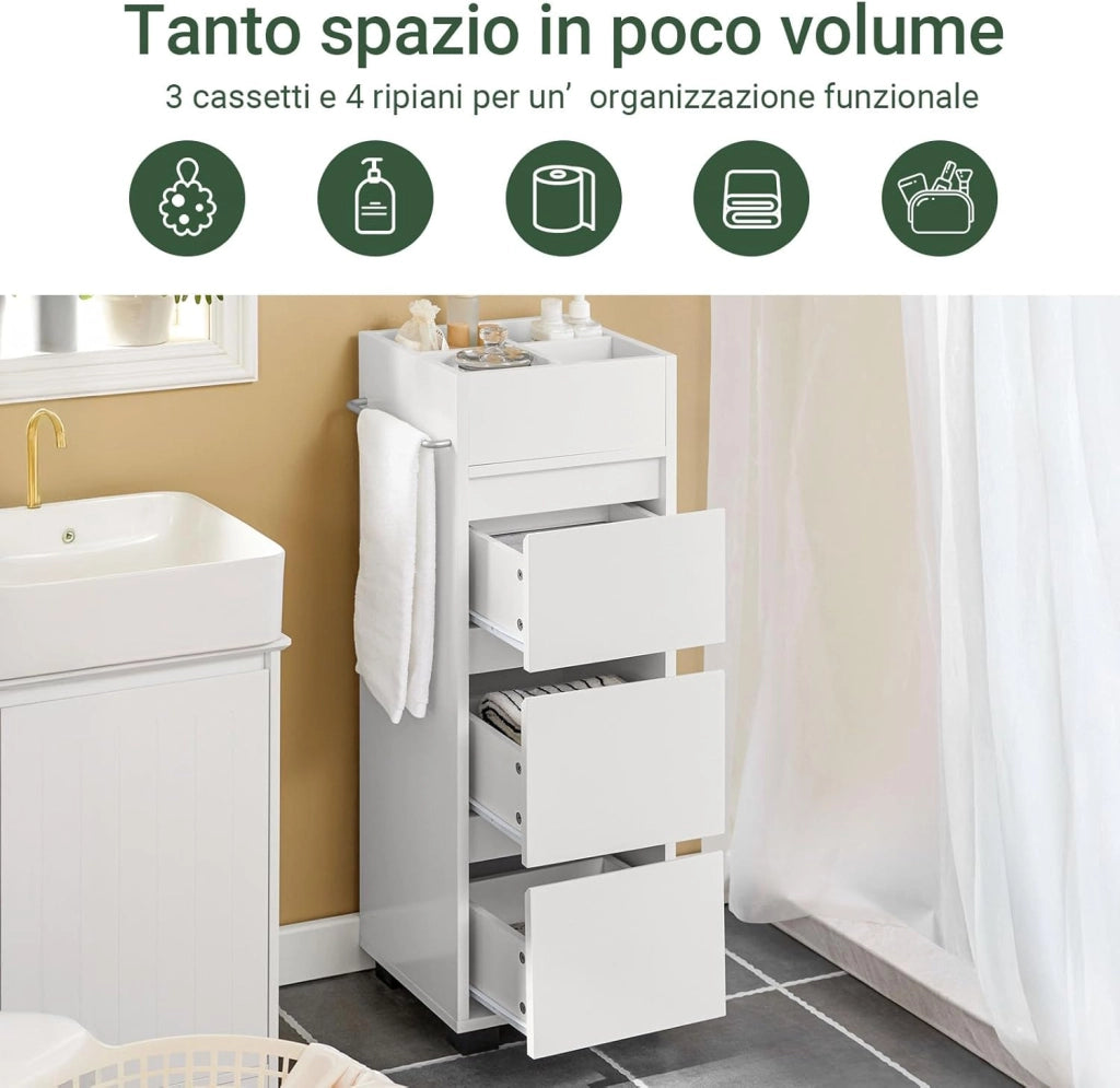 Mobiletto Bagno Salvaspazio, Mobile Stretto Bagno 3 Cassetti e 4 Scomparti, Cassettiera Salvaspazio Bianco, 30x90x30 cm, BZR29-W