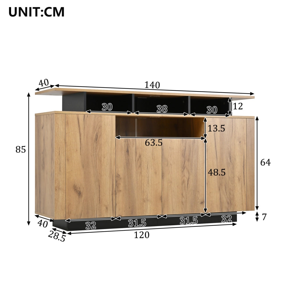 Sideboard con 4 ante e 3 vani aperti, 140x40x85 cm, Natural