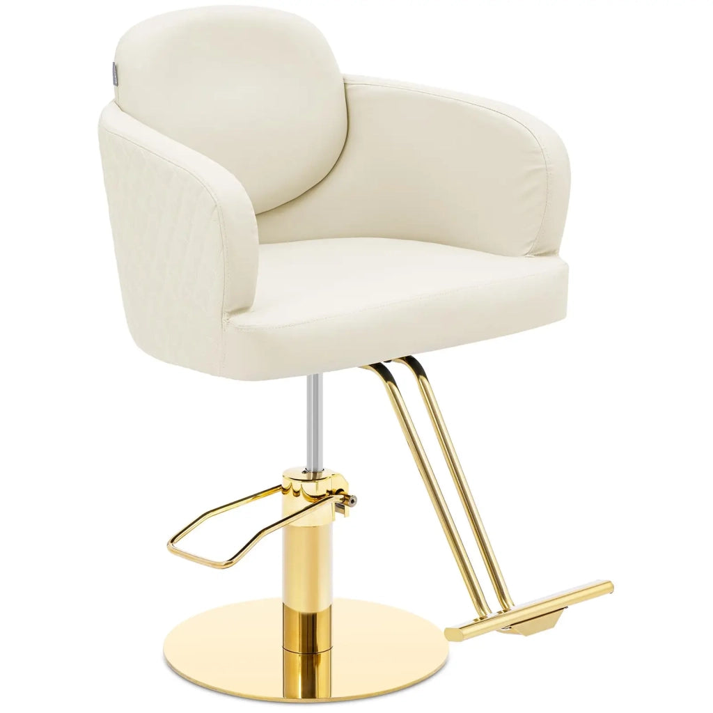 Poltrona professionale per parrucchiere con poggiapiedi portata 200 kg acciaio inox PVC crema e oro 14_0008951