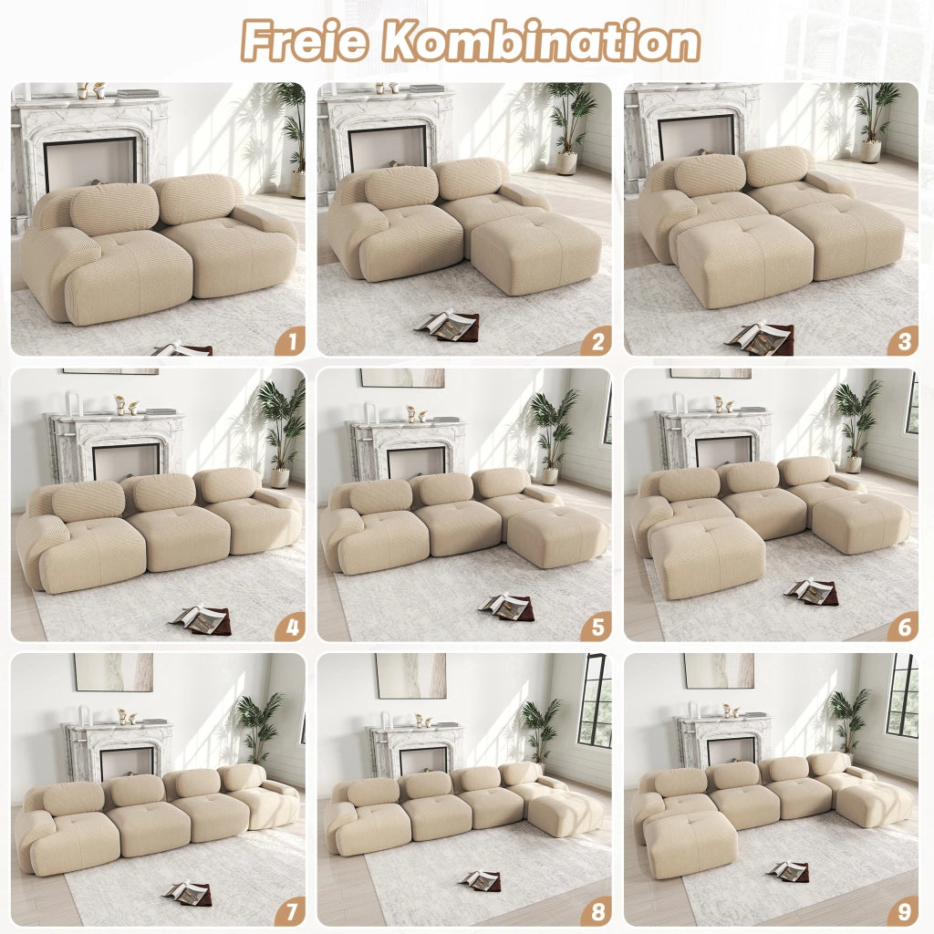 Divano angolare modulare 298x103x70 cm in tessuto a coste beige; senza montaggio