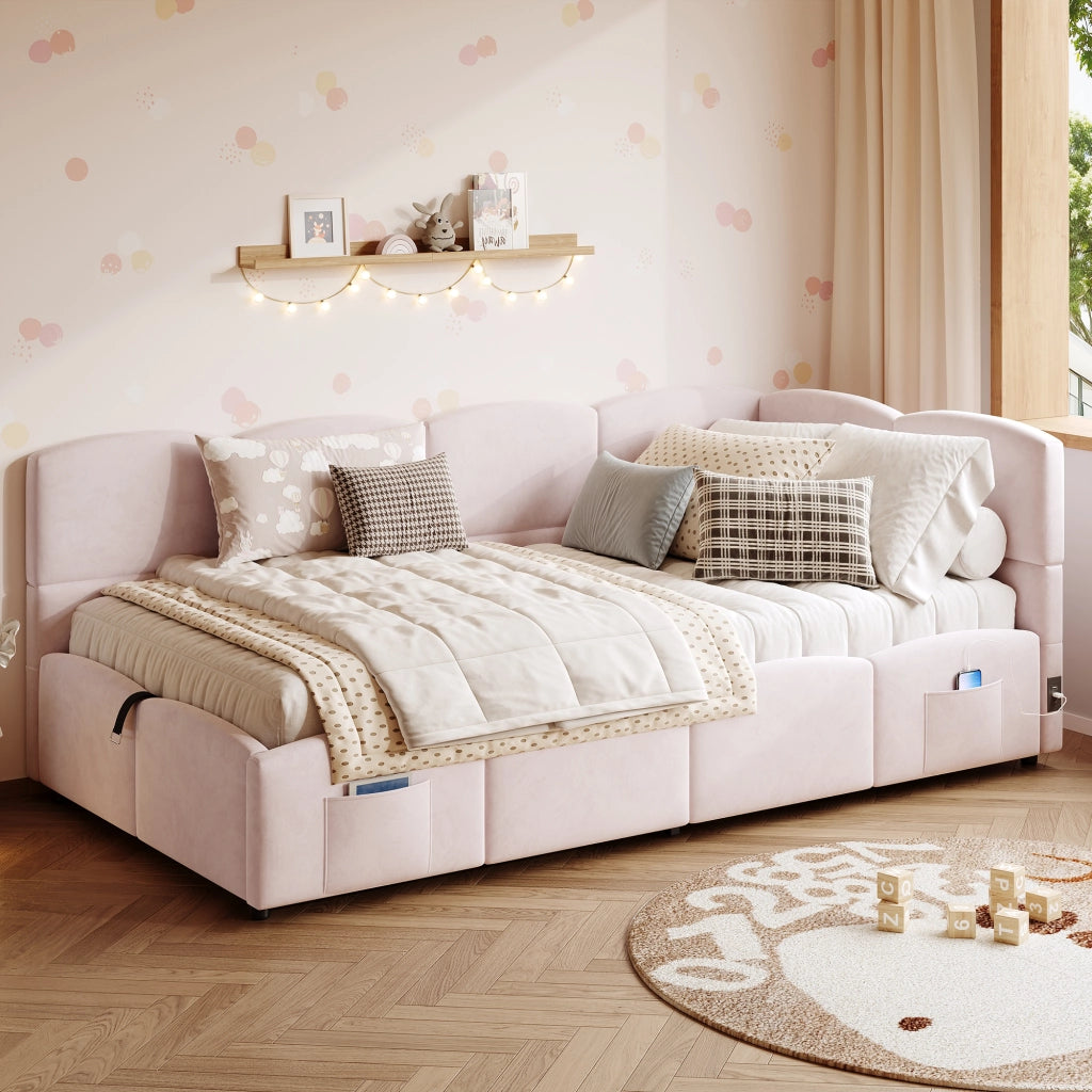 Letto a soppalco con contenitore idraulico velluto rosa 90x200 cm