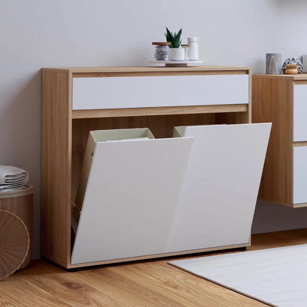 IDMarket - Mobile bagno a 2 ante TOMI con 2 cesti portabiancheria estraibili e 1 cassetto, finitura faggio e bianco