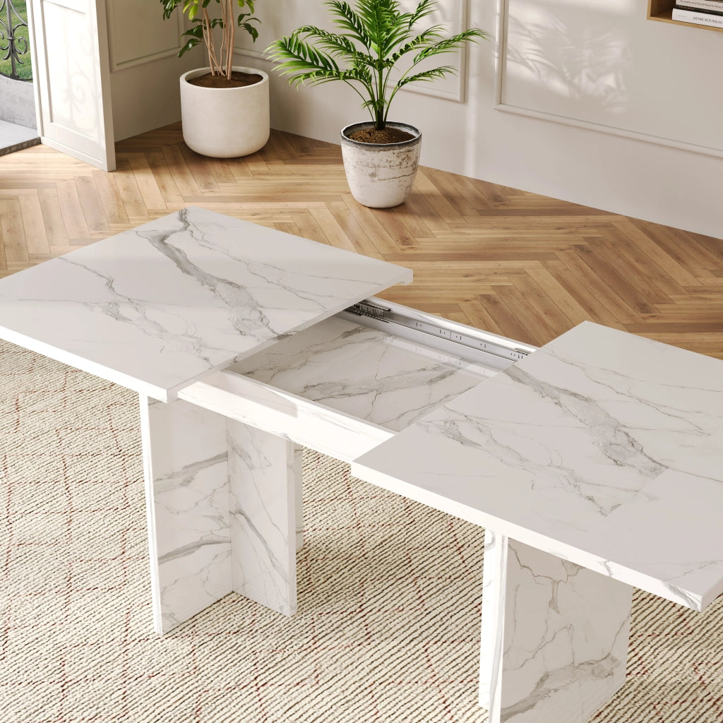 Tavolo da pranzo allungabile per 6-8 persone con piano spesso e gambe a t, per cucina e soggiorno, bianco marmo