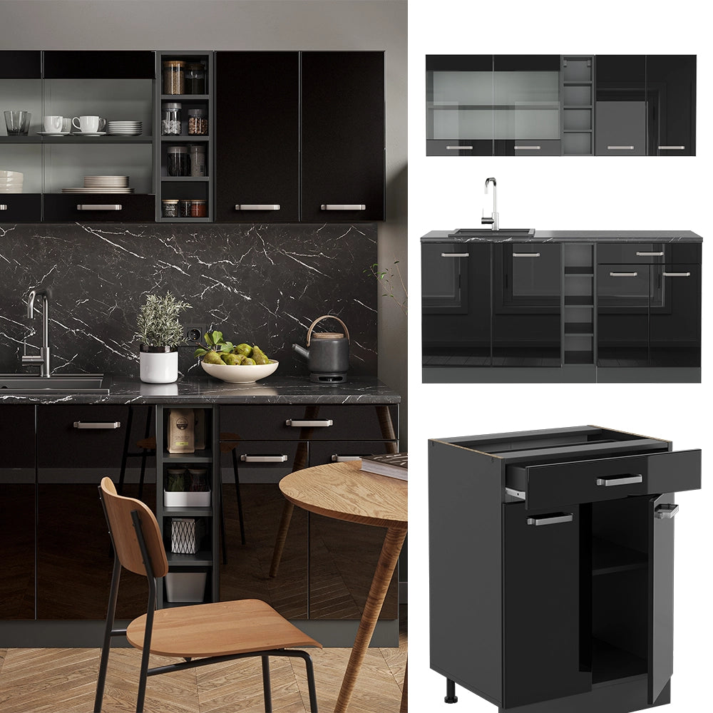 Vicco Cucina completa Nero lucido/antracite 160 cm , PL Rovere