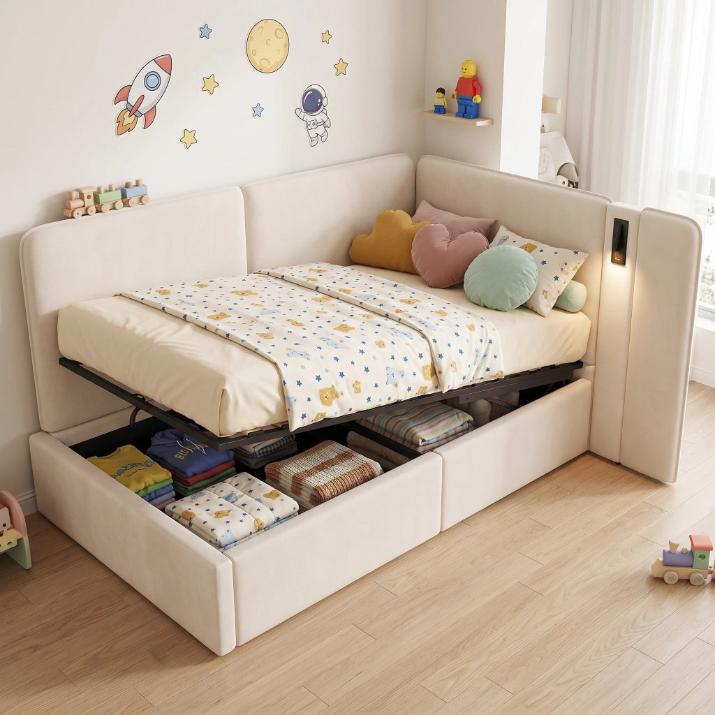 Letto con contenitore idraulico velluto beige 90x200 cm