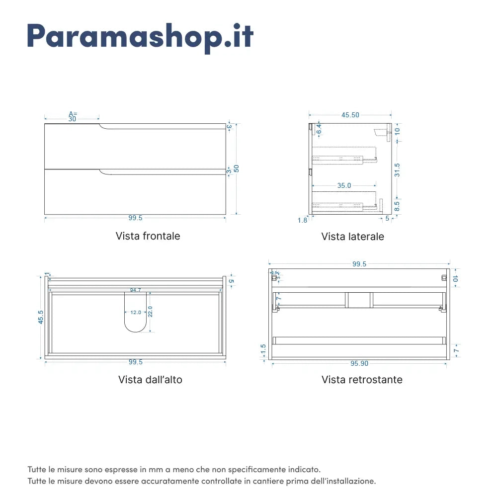 Mobile bagno sospeso 100 cm due cassetti rosa cipria opaco con lavabo | Ardenne