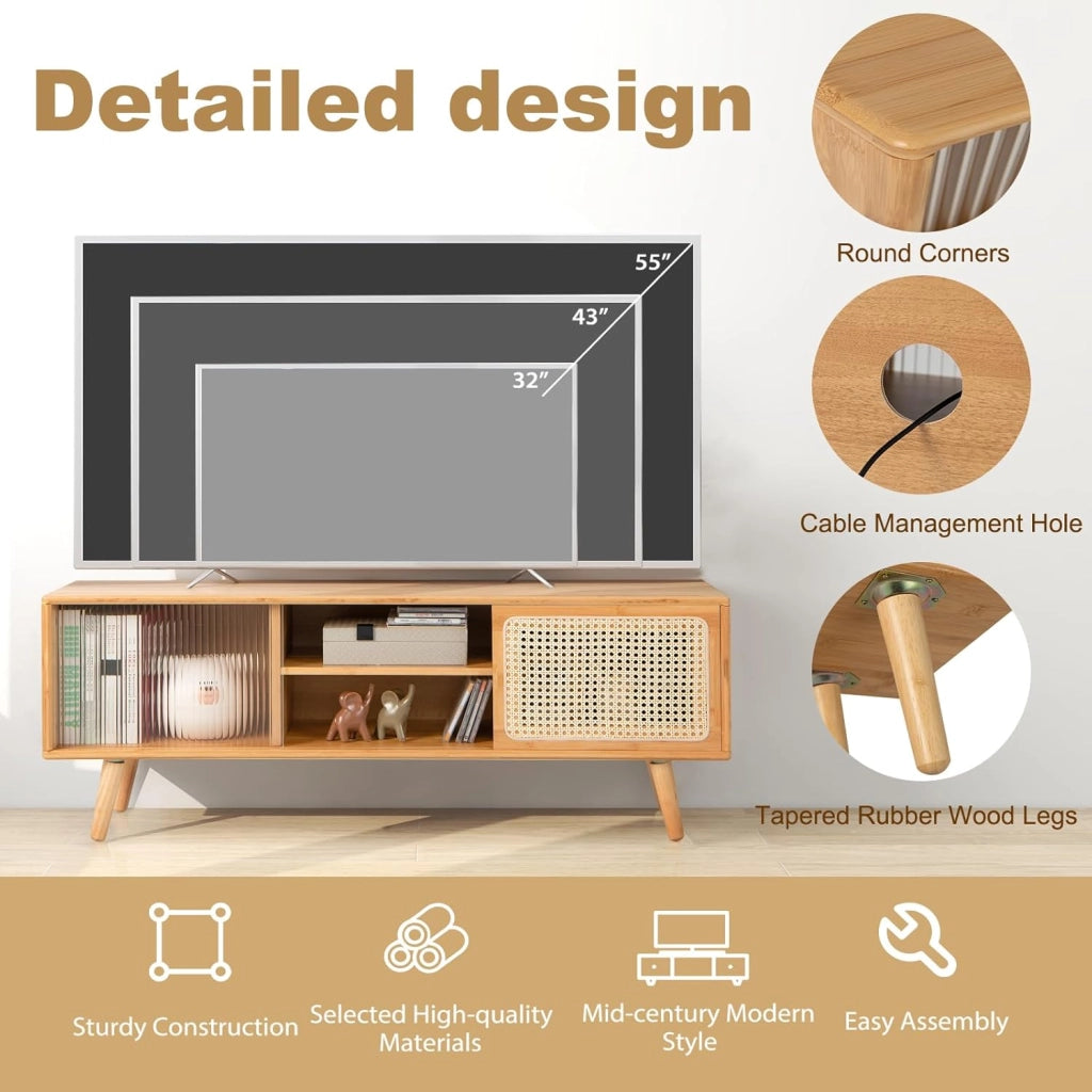 Mobile TV in bambù, Panca TV con 2 Armadi a porta, Tavolo TV, Scaffale aperto a 2 livelli e porta scorrevole in vetro, per TV fino a 55", 120,5 x 31 x 45,5 cm (naturale)