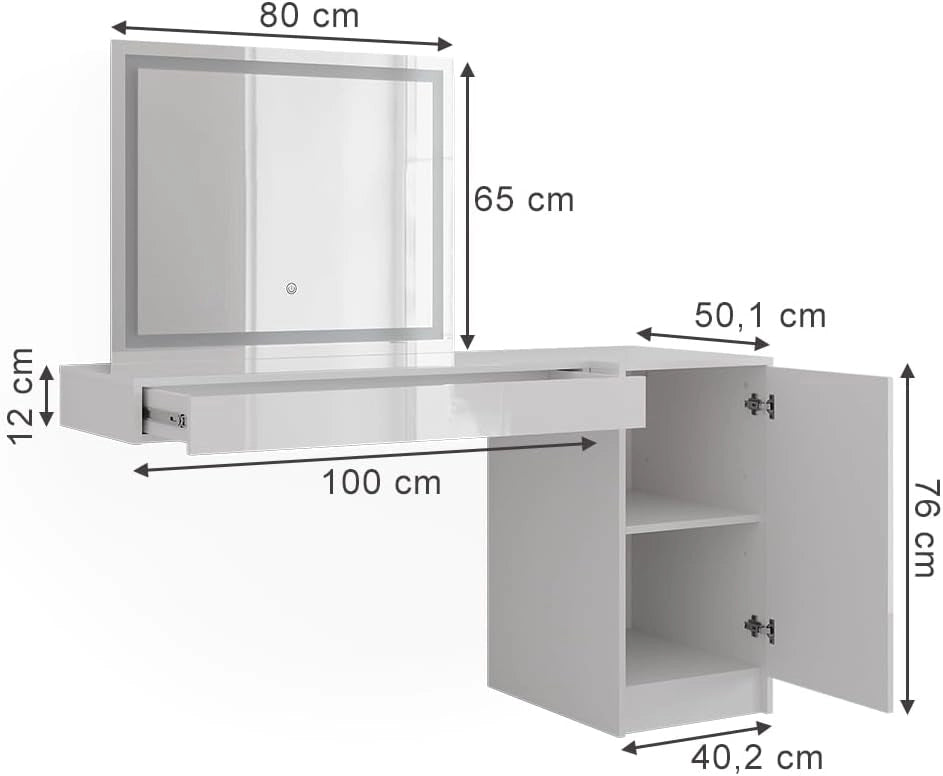 Tavolo da toeletta Sherry, Bianco, 100 cm 4 parti, con illuminazione LED e grande specchio per montaggio a parete
