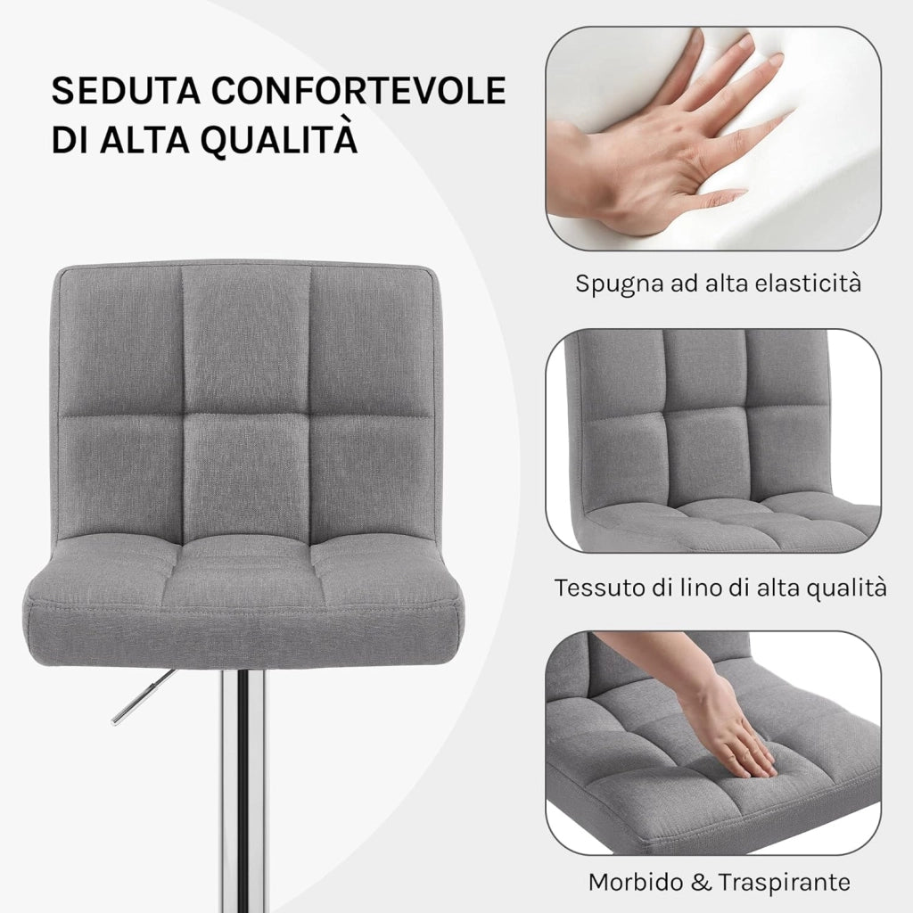 Sgabelli da Bar Sedia Cucina con Schienale Poggiapiedi Tessuto di Lino Cromato Altezza Regolabile Girevole Moderni Grigio Leggero 1 X