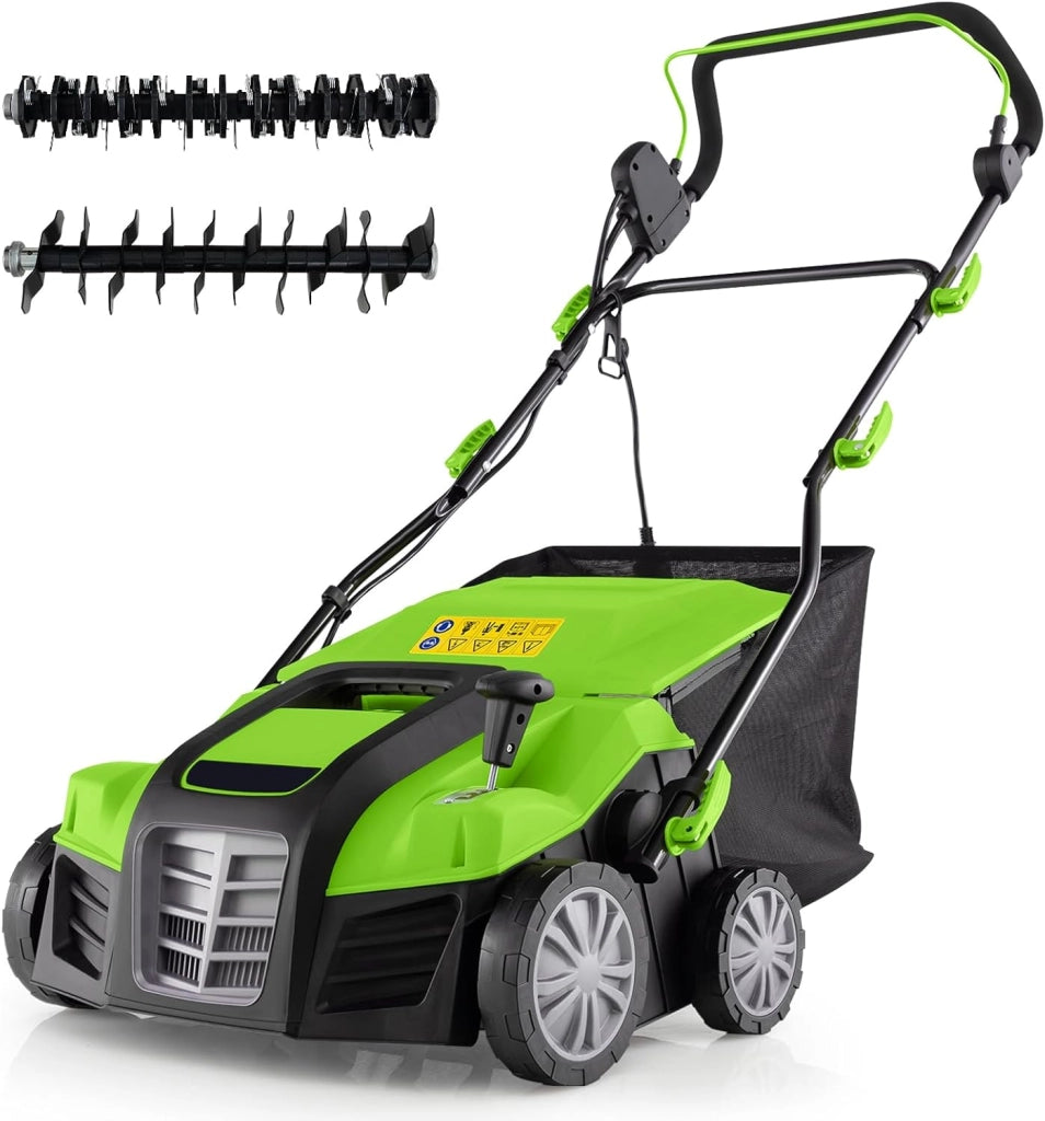 2 in 1 Scarificatore Elettrico, 40 cm, 2000W, 3500rpm, Erbicida Pieghevole con Sacca di Raccolta da 55L, Regolazione Profondità 5 Livelli, Adatto Prato 800 ㎡ (Verde)