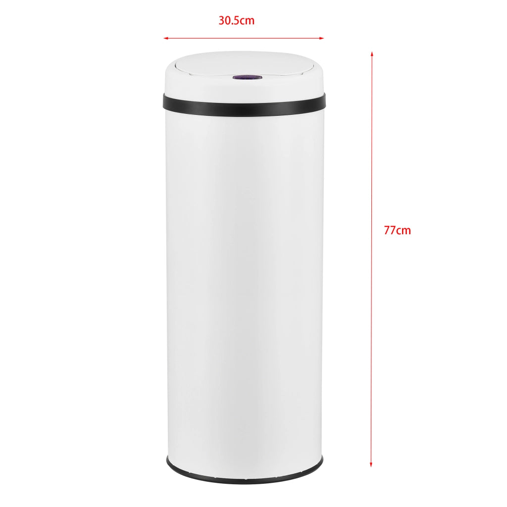 Pattumiera Automatica 47 L, Bidone Cilindrico in Acciaio Inox (AxØ) 77 x 30,5 cm Coperchio con Sensore di Movimento e Display a LED, Apertura Ampia - Bianco