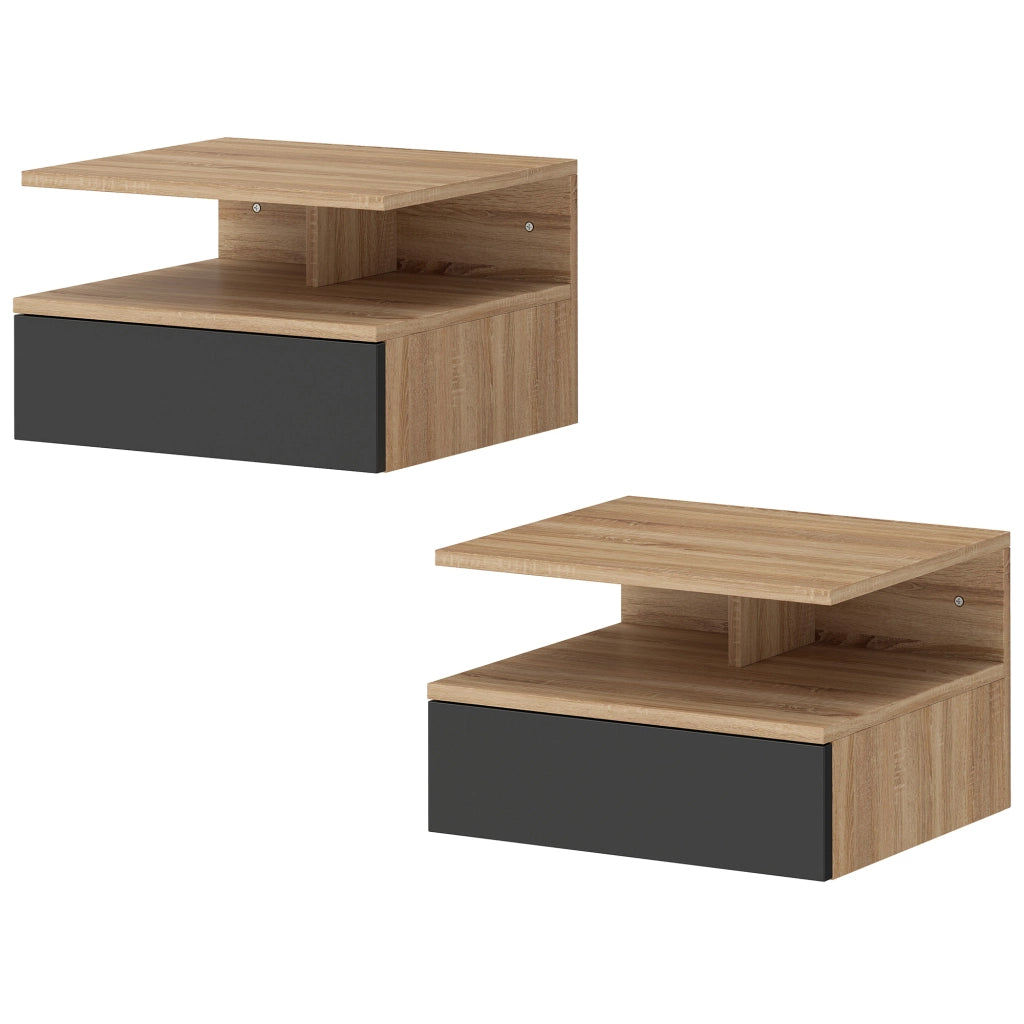 Set di 2 Comodini Sospesi con Cassetto e Mensola Aperta, 35x32x22.5 cm, Nero e Rovere