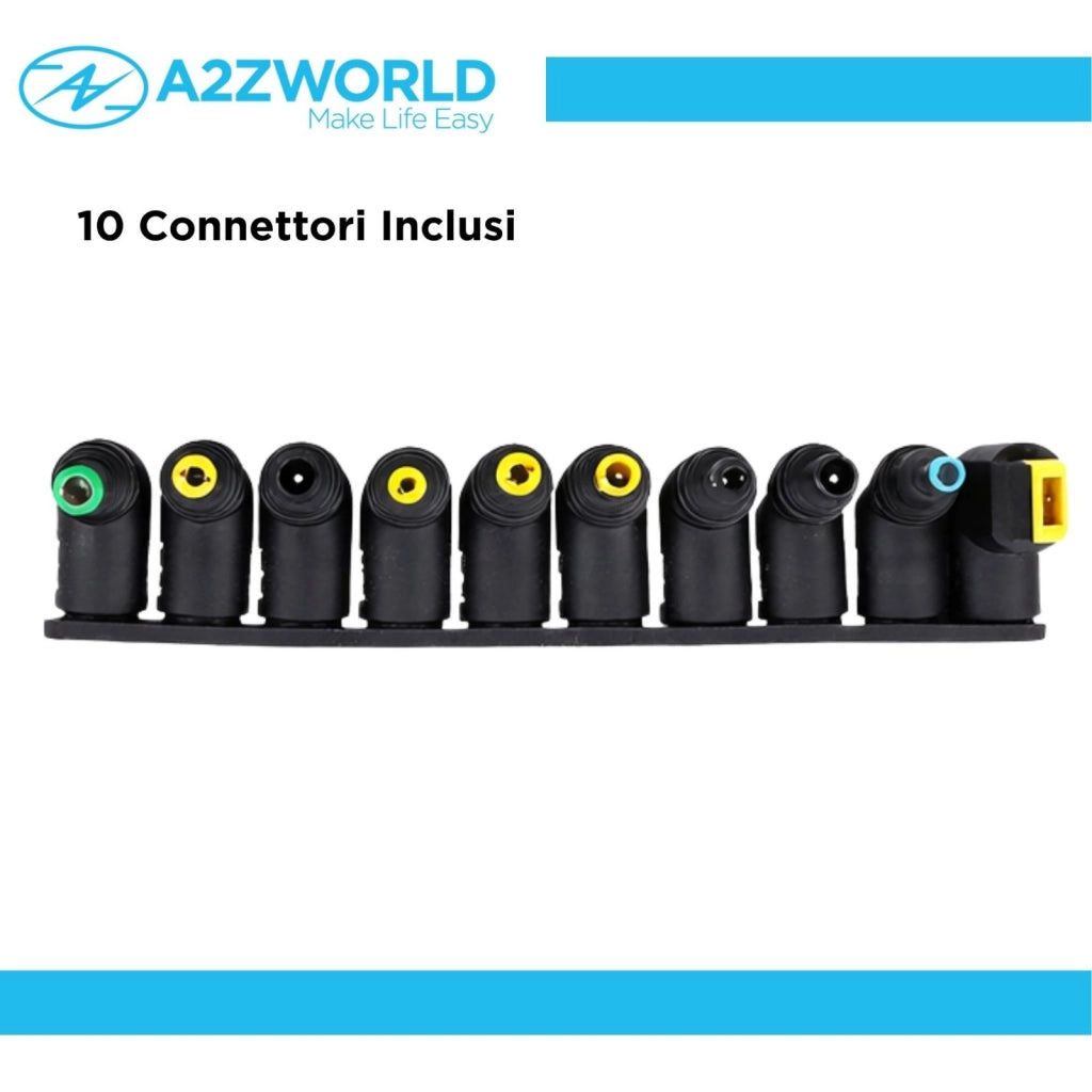 Alimentatore Universale Laptop 65W, Output 15–20V 3.25A, 10 Connettori