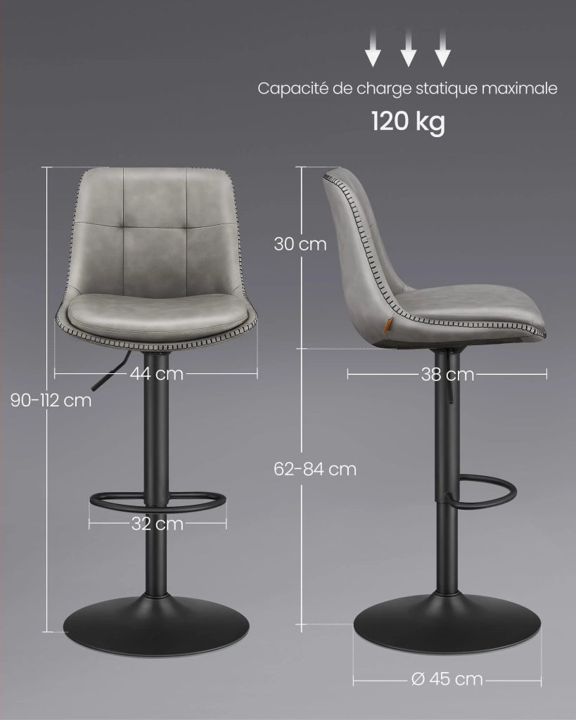 Set di 2 sgabelli da bar sedie da cucina sedute girevoli con altezza regolabile rivestimento imbottito in similpelle schienale e poggiapiedi per sala da pranzo o da bancone acciaio grigio 12_0007740