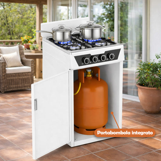 Cucina con Piano Cottura 4 Fuochi Gas da Esterni Bianco Paravento e Portabombola