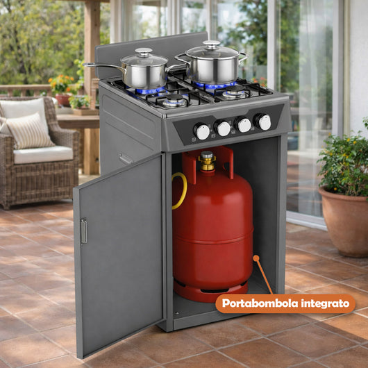 Cucina con Piano Cottura 4 Fuochi Gas da Esterni Grigio Paravento e Portabombola
