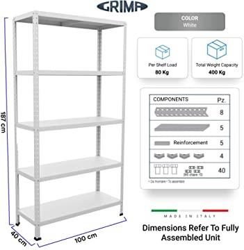 SCAFFALE IN METALLO BIANCO KIT BULLONI 100 X 40 X H 187 CM CON 5 RIPIANI