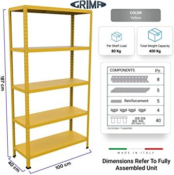 SCAFFALE IN METALLO GIALLO ETTORE KIT BULLONI 100 X 40 X H 187 CM 5 RIPIANI