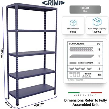 SCAFFALE IN METALLO BLU ETTORE KIT BULLONI 100 X 40 X H 187 CM 5 RIPIANI