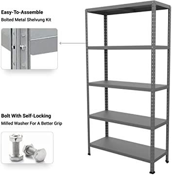 SCAFFALE IN METALLO GRIGIO ETTORE KIT BULLONI 100 X 40 X H 187 CM 5 RIPIANI