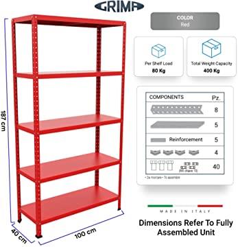 SCAFFALE IN METALLO ROSSO ETTORE KIT BULLONI 100 X 40 X H 187 CM 5 RIPIANI