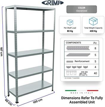 SCAFFALE IN METALLO ZINCATO ETTORE KIT BULLONI 100 X 40 X H187 CM CON 5 SCAFFALI