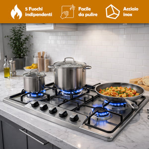 Piano Cottura Acciaio Inox 75 cm con Griglia e Bruciatori in Ghisa 5 Fornelli