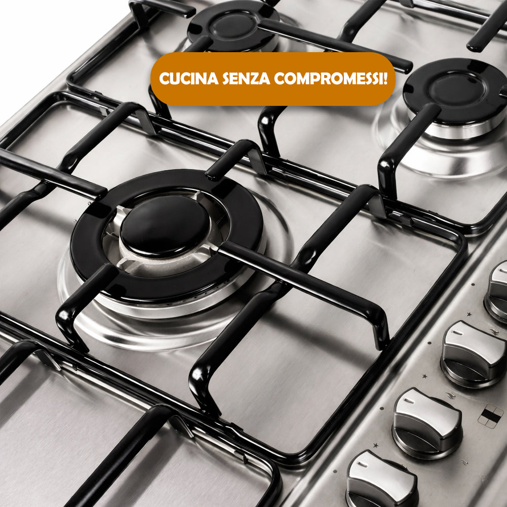 Piano Cottura Acciaio Inox 75 cm con Griglia e Bruciatori in Ghisa 5 Fornelli